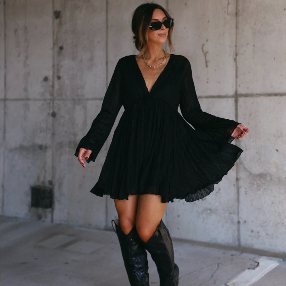Black Tiered Long Sleeve Romper with V-Neck and Bell Sleeves